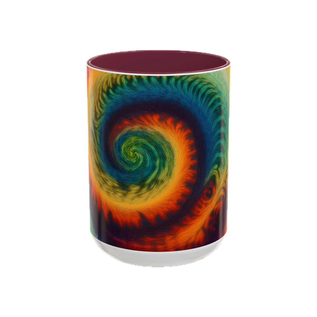 Colorful spiral-patterned mug with maroon ceramic handle and insides

