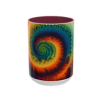 Colorful spiral-patterned mug with maroon ceramic handle and insides

