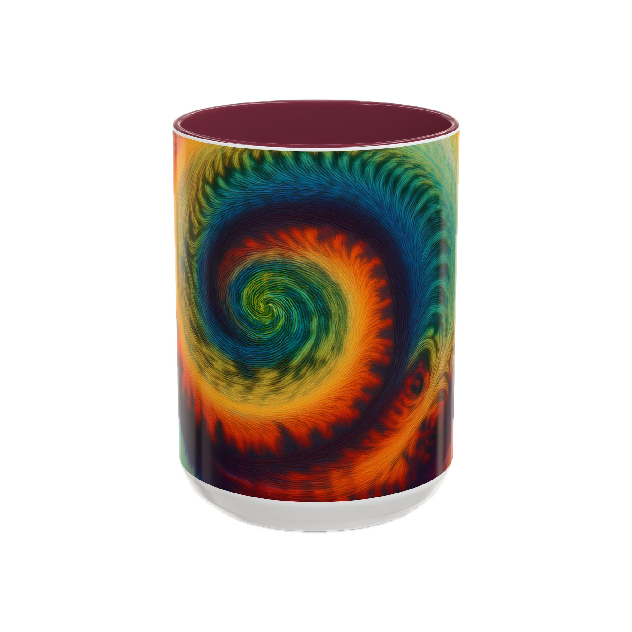 Colorful spiral-patterned mug with maroon ceramic handle and insides

