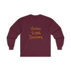 Maroon long-sleeve shirt with 'Human Rights Defender' in retro orange text 
