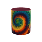 Colorful spiral-patterned mug with maroon ceramic handle and insides

