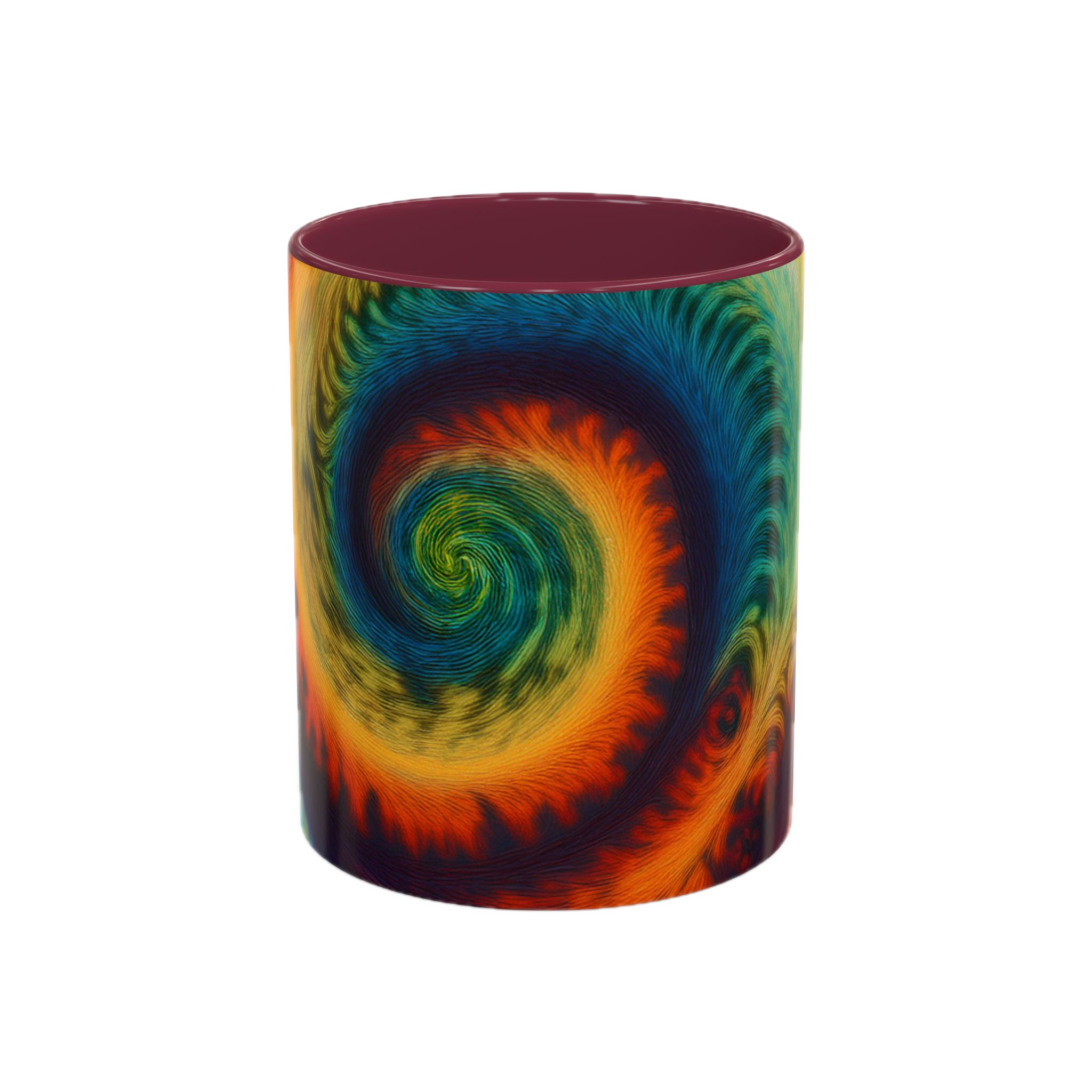 Colorful spiral-patterned mug with maroon ceramic handle and insides

