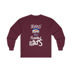 Maroon long-sleeve shirt with 'Trans Rights Are Human Rights' in white text and rainbow design 

