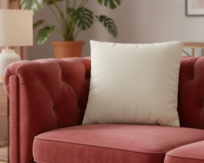 Red sofa with a Memphis off white pillow in a living room setting