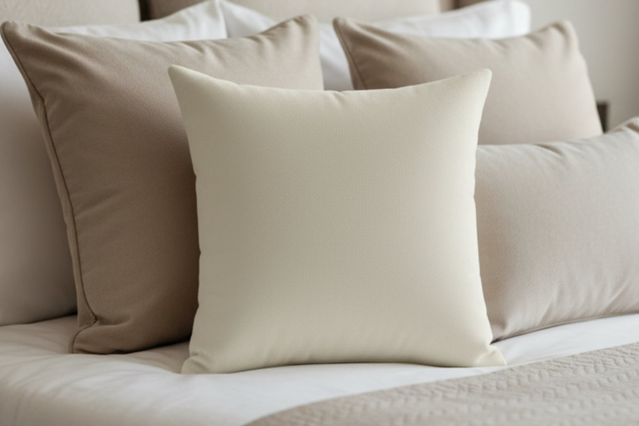 Memphis Off White Faux Suede Square Pillow on a bed with neutral background pillows