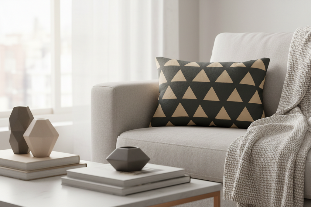 Modern Black & Beige Geometric Triangle Lumbar Pillow on a biege couch