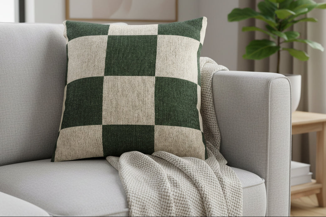 Mughal Green & Cream Checkered Woven Pillow on a gray sofa with a plant in the background