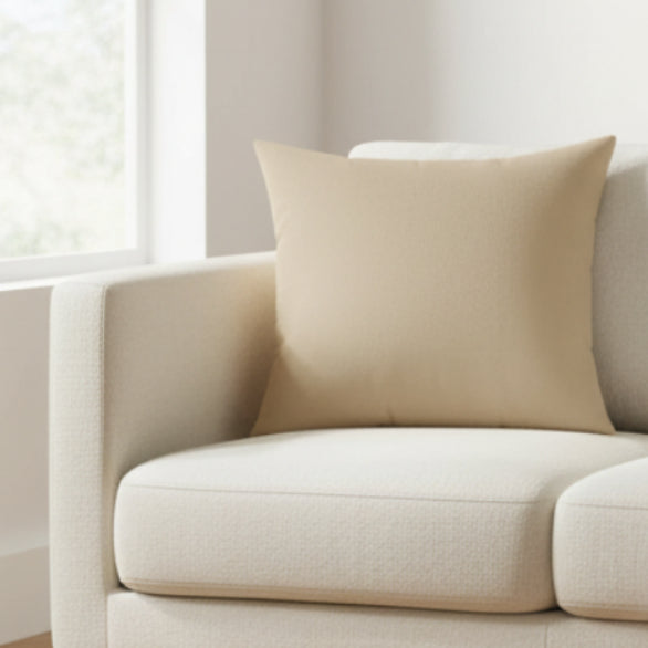 Natural Jute Faux Suede Square Pillow on a beige sofa in a bright room with light streaming through a window.