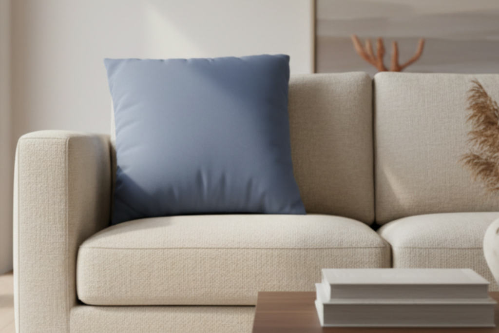  Navy Dust Faux Suede Square Pillow on a couch in a living room area