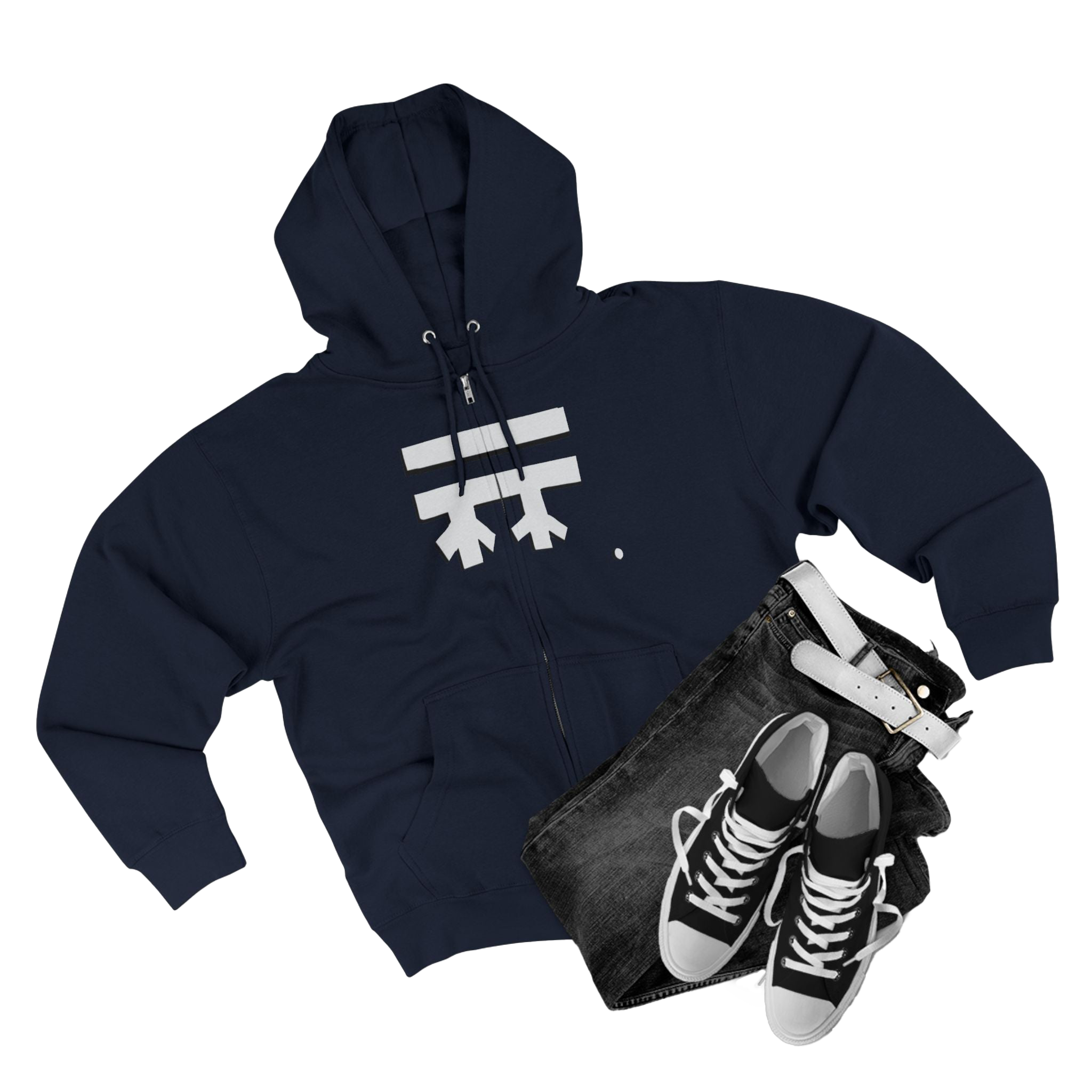 Navy Full-Zip Casual Street wear Hoodie with white, black shadow Freebrd Logo including adjustable drawstring hood and kangaroo pocket. Merch does not include pants and shoes seen in photo

