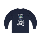 Navy Blue long-sleeve shirt with 'Trans Rights Are Human Rights' in white text and rainbow design 

