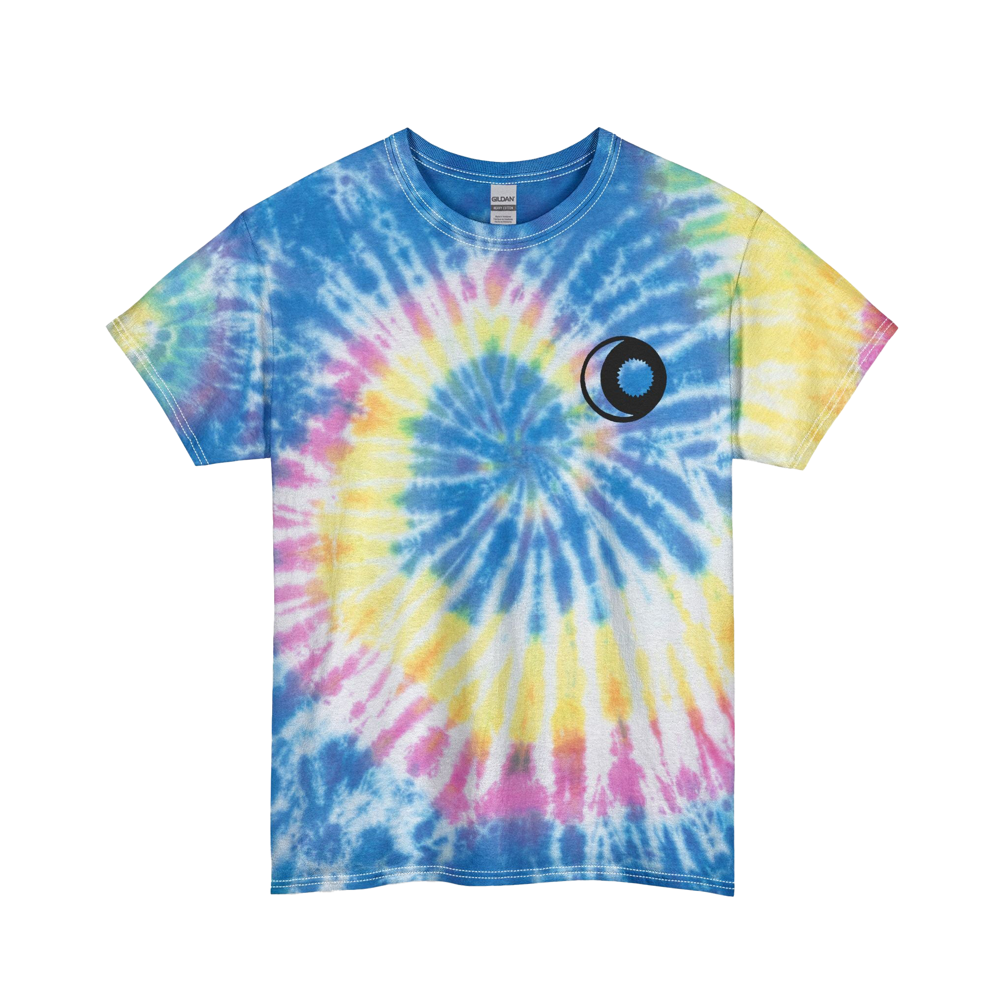 Neon Rainbow spiral Tie-dye t-shirt with pink and blue spiral design with a sun and moon graphic


