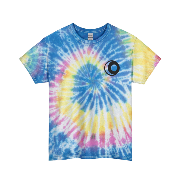 Neon Rainbow spiral Tie-dye t-shirt with pink and blue spiral design with a sun and moon graphic



