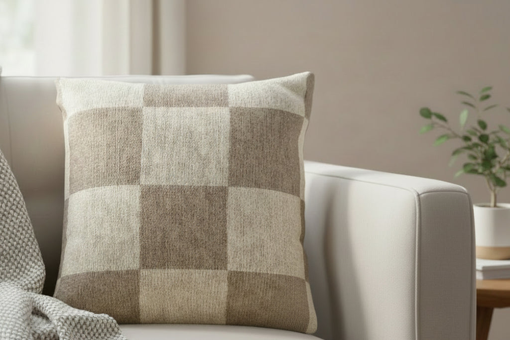 Neutral Beige Woven Checkerboard Pillow on a sofa with a neutral background