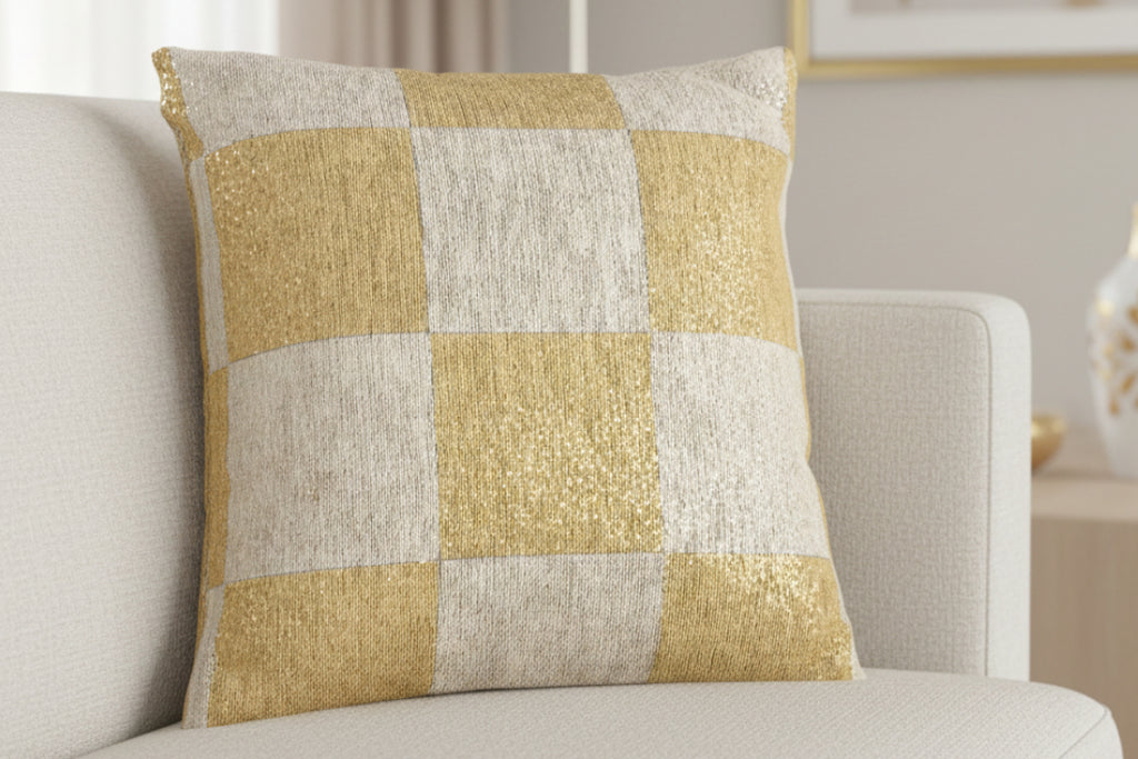 Neutral Yellow Checkerboard Woven Pillow on a beige couch 