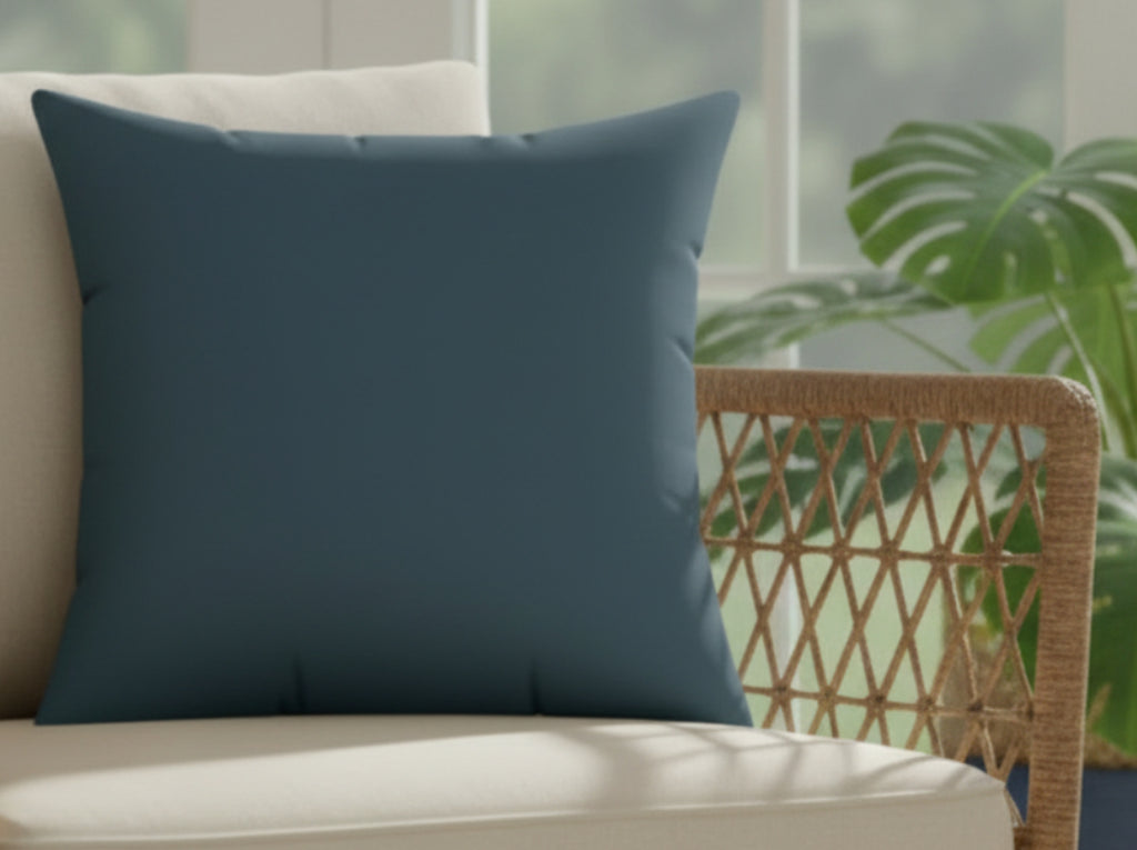 Nostradamus Faux Suede Square Pillow  on a beige sofa with a wicker chair and plant in the background