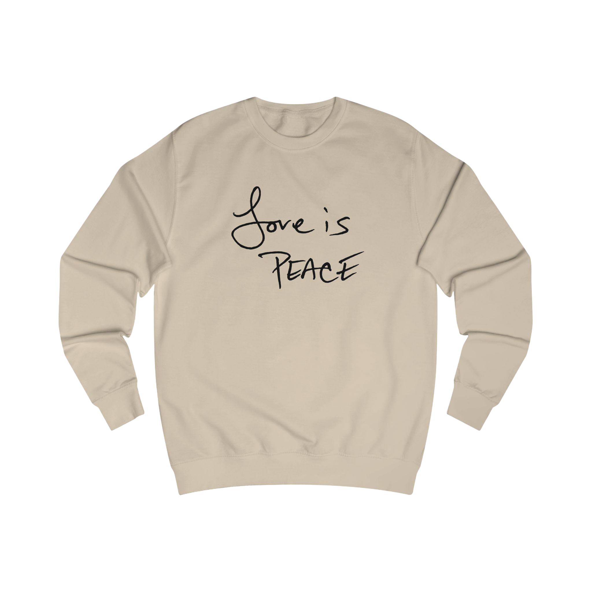 Nude sweatshirt with black 'Love is Peace' text