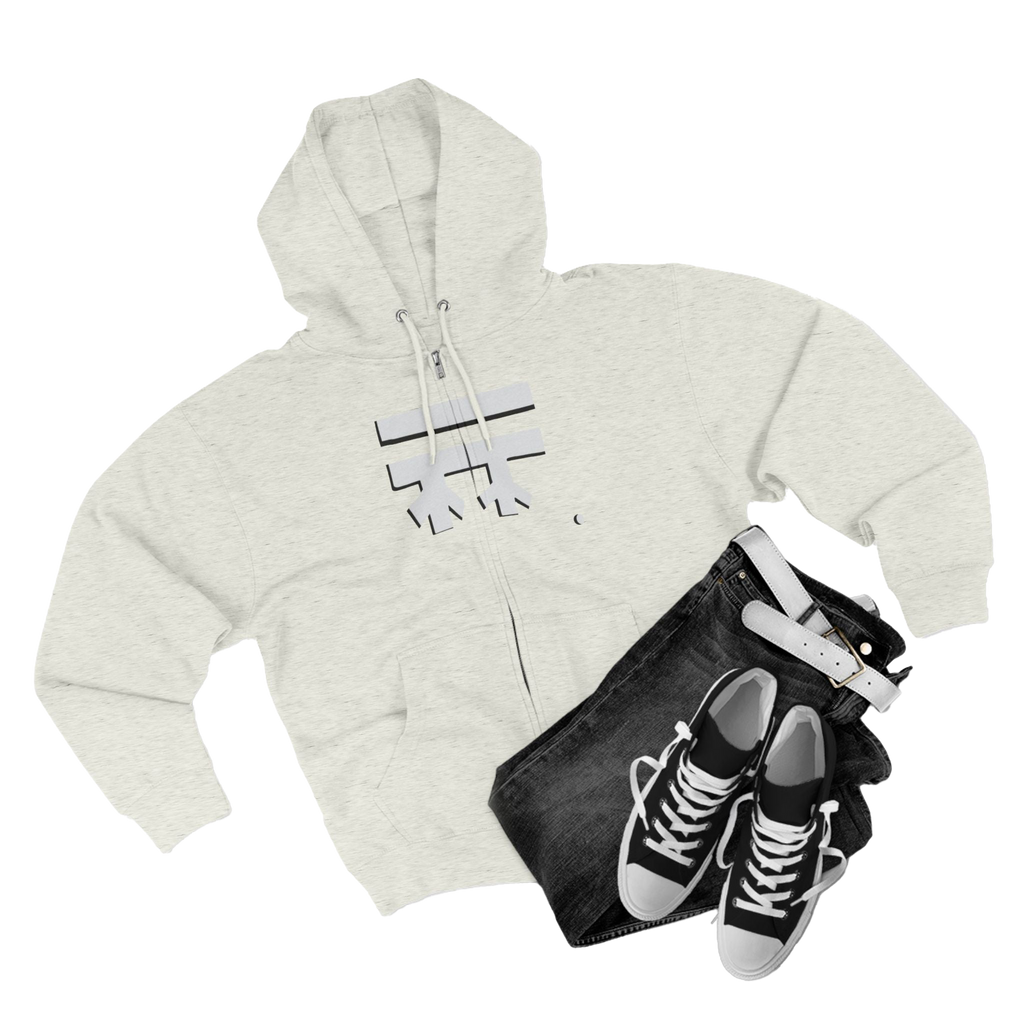 Oatmeal Heather Full-Zip Casual Street wear Hoodie with white, black shadow Freebrd Logo including adjustable drawstring hood and kangaroo pocket. Merch does not include pants and shoes seen in photo