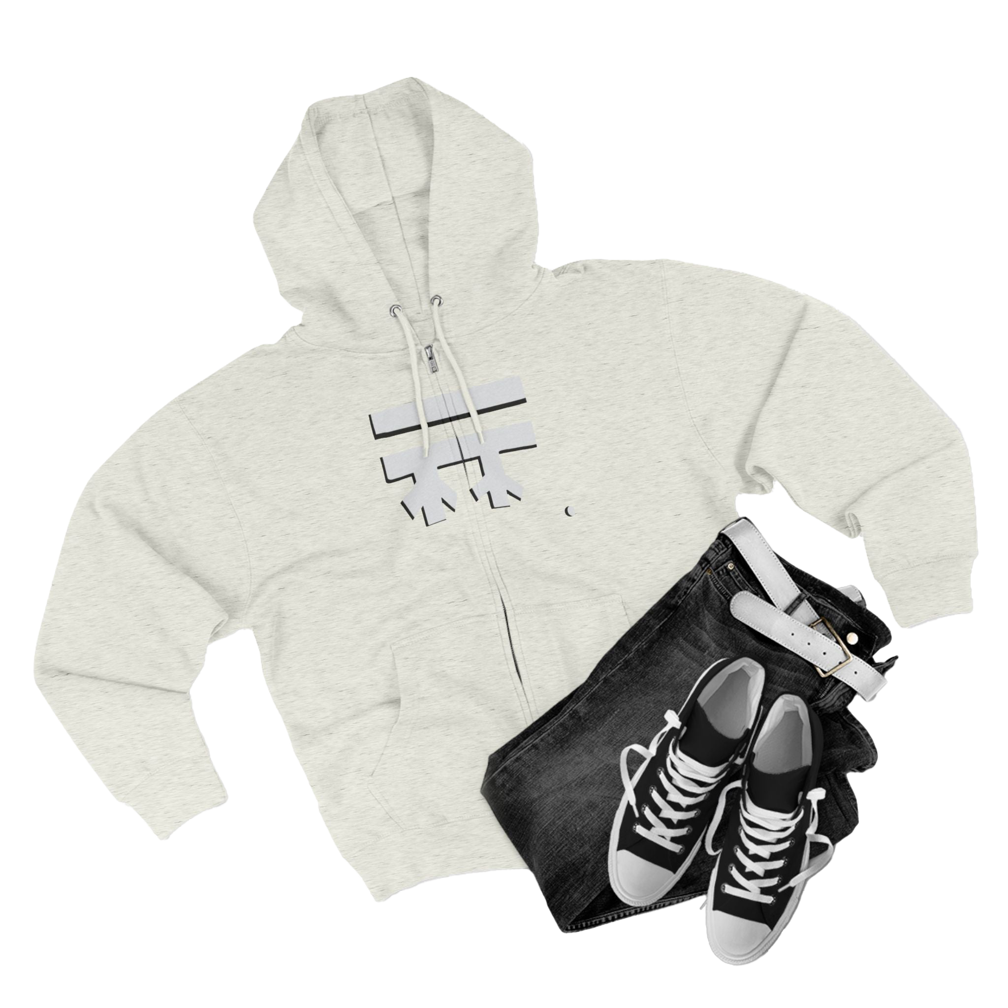 Oatmeal Heather Full-Zip Casual Street wear Hoodie with white, black shadow Freebrd Logo including adjustable drawstring hood and kangaroo pocket. Merch does not include pants and shoes seen in photo