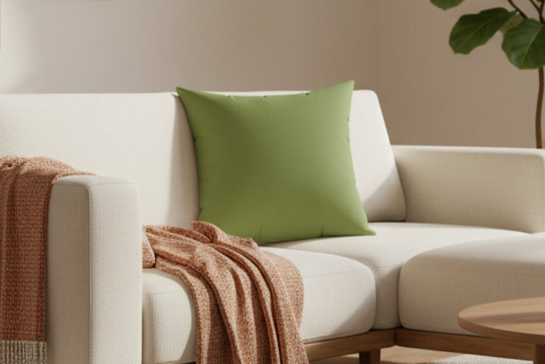 Olive Faux Suede Square Pillow on a sofa sectional couch.