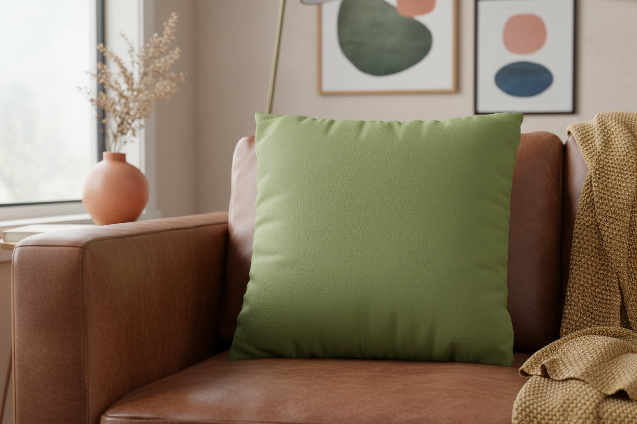 Olive Green Luxury Faux Suede Pillow on a leather couch in a living room area.