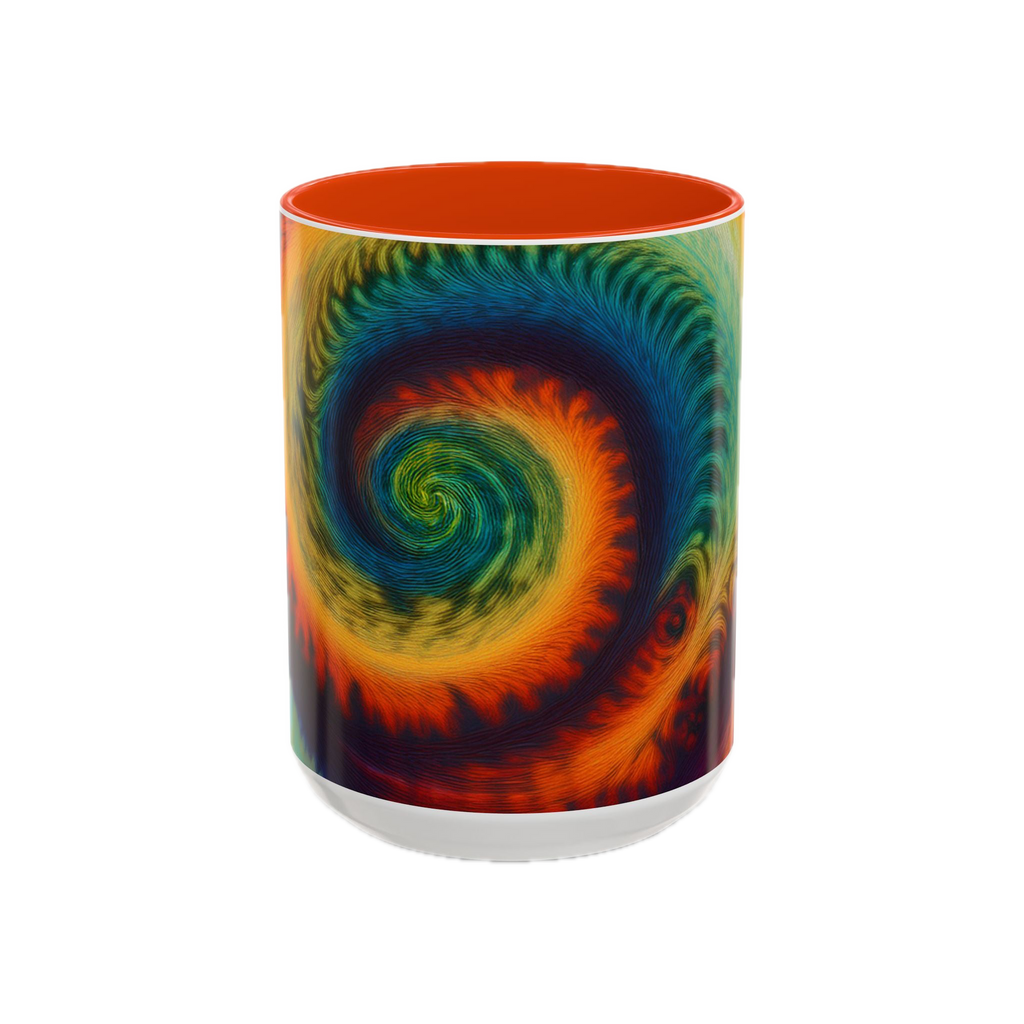 Colorful spiral-patterned mug with orange ceramic handle and insides

