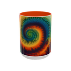 Colorful spiral-patterned mug with orange ceramic handle and insides


