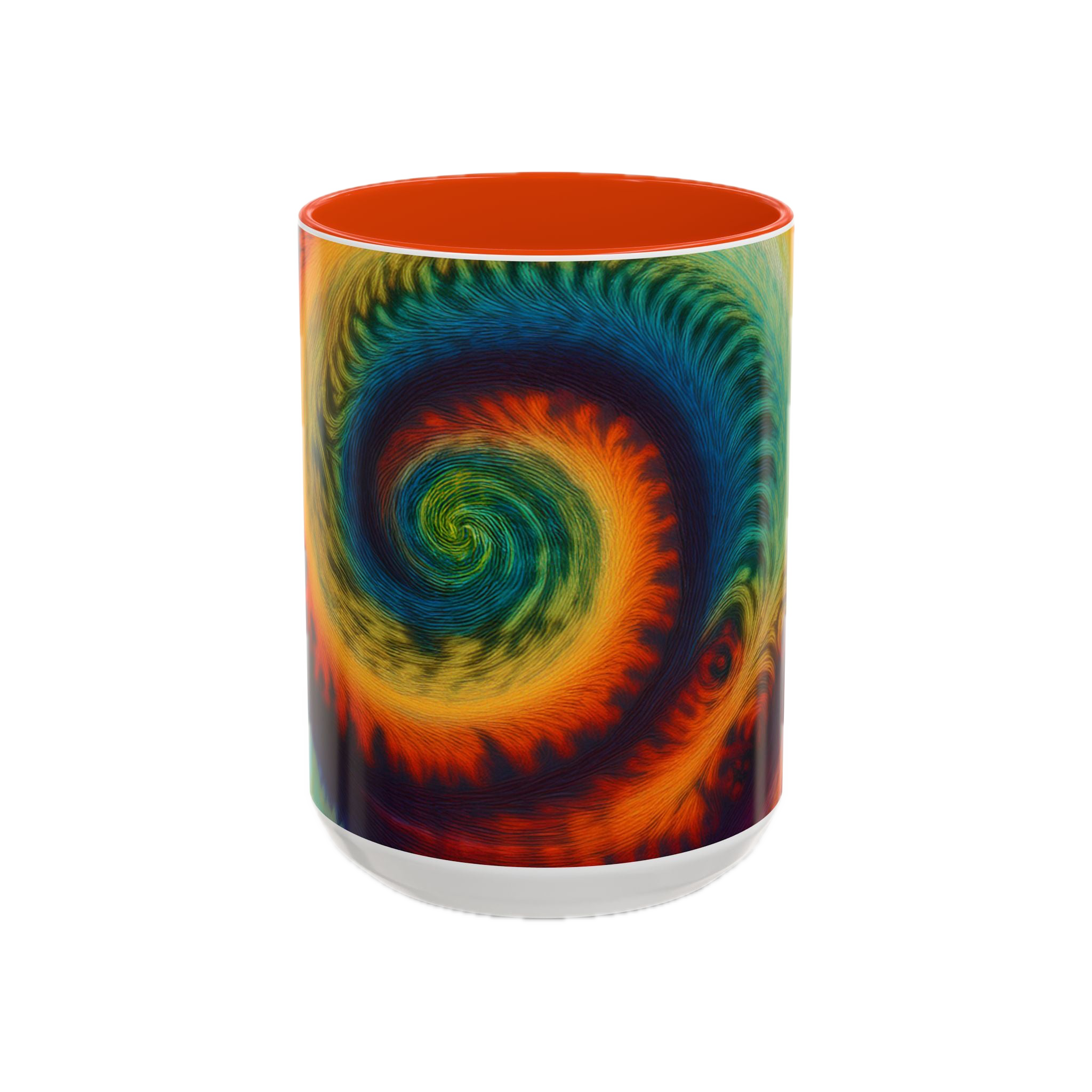 Colorful spiral-patterned mug with orange ceramic handle and insides

