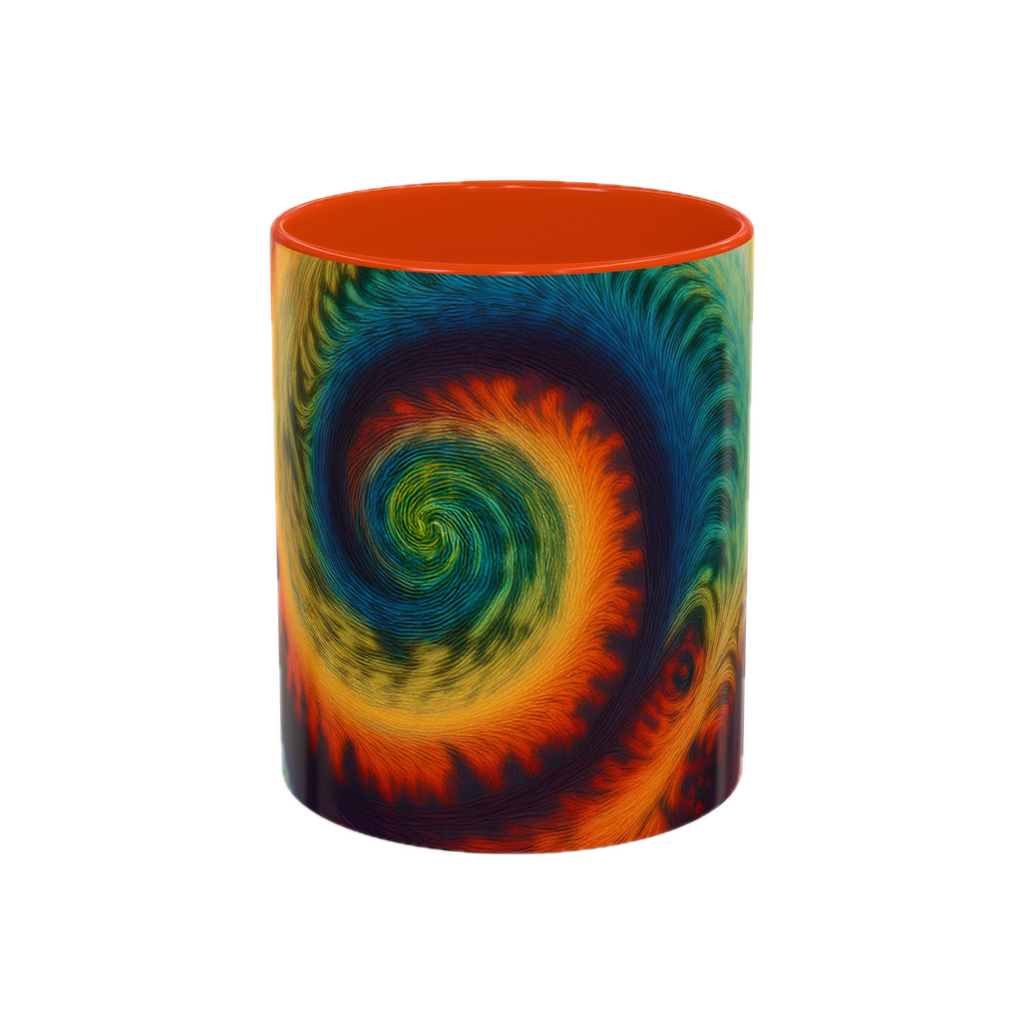 Colorful spiral-patterned mug with orange ceramic handle and insides


