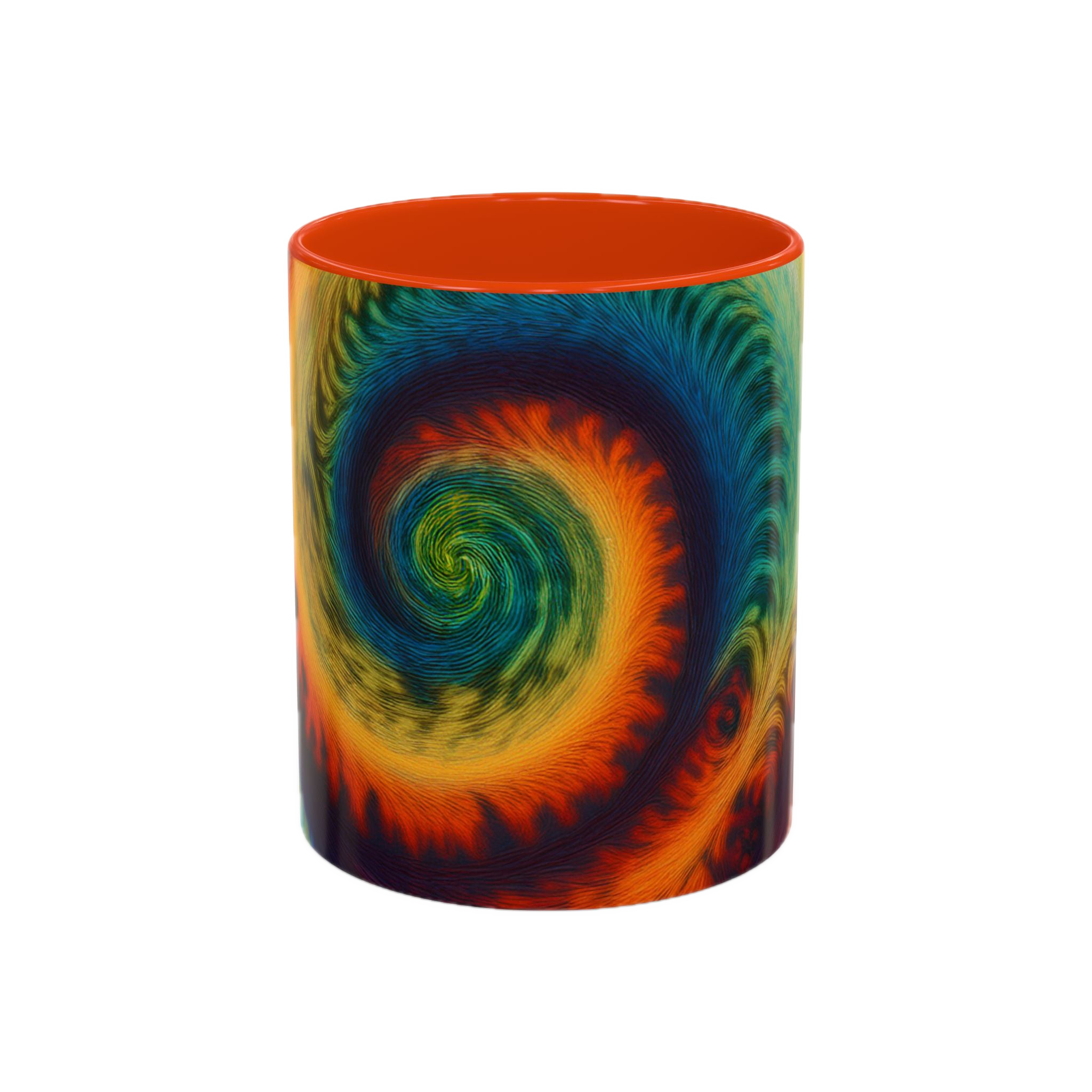 Colorful spiral-patterned mug with orange ceramic handle and insides


