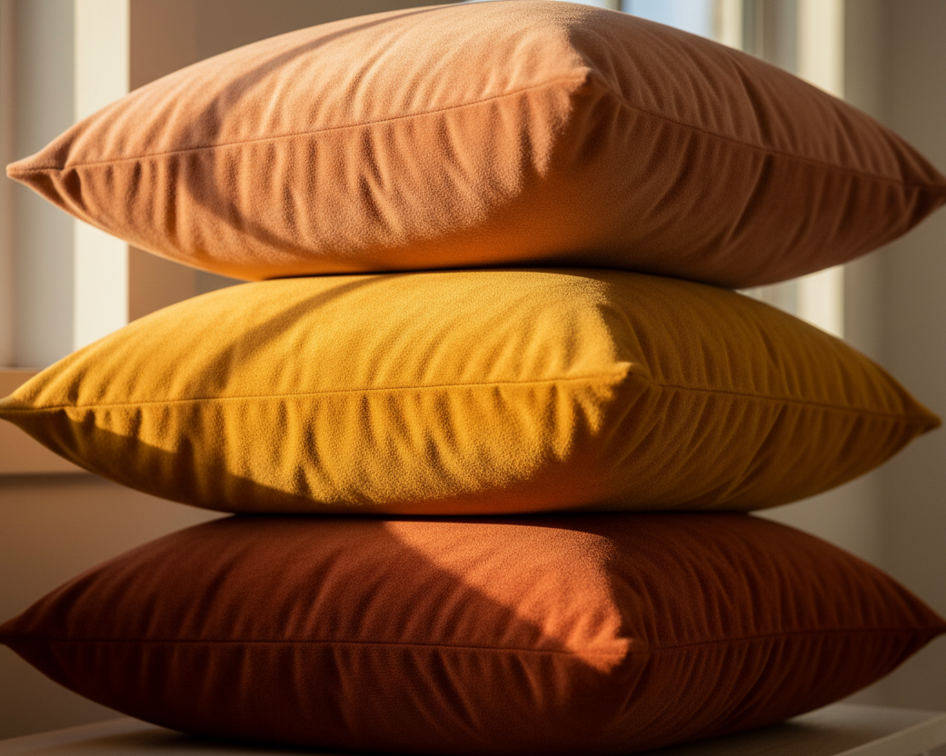 A warm, sun-drenched stack of terracotta, rust, and gold ochre faux suede pillows. These organic modern accents are styled to highlight the velvety texture and high-loft plumpness of the Earth & Solstice collection