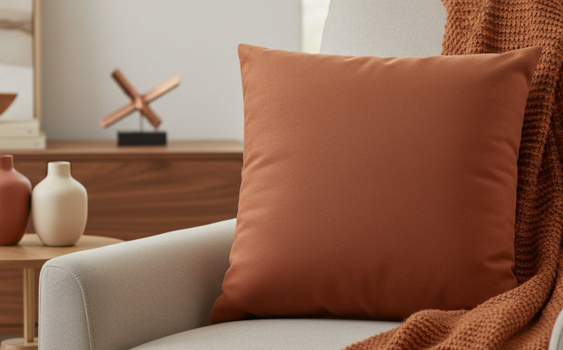 Paarl Rust Faux Suede Luxury Square Pillow on a sofa chair with a neutral background