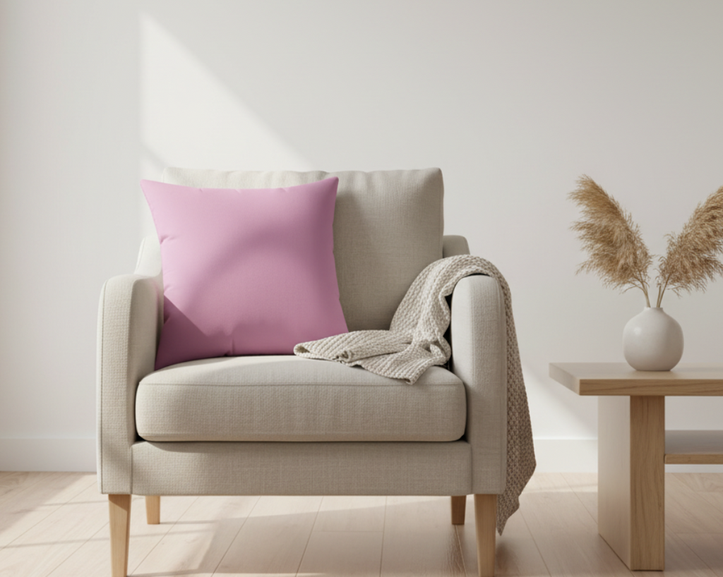 Nordic lifestyle image of a Pastel Dust Violet faux suede accent pillow in a minimalist living room. 