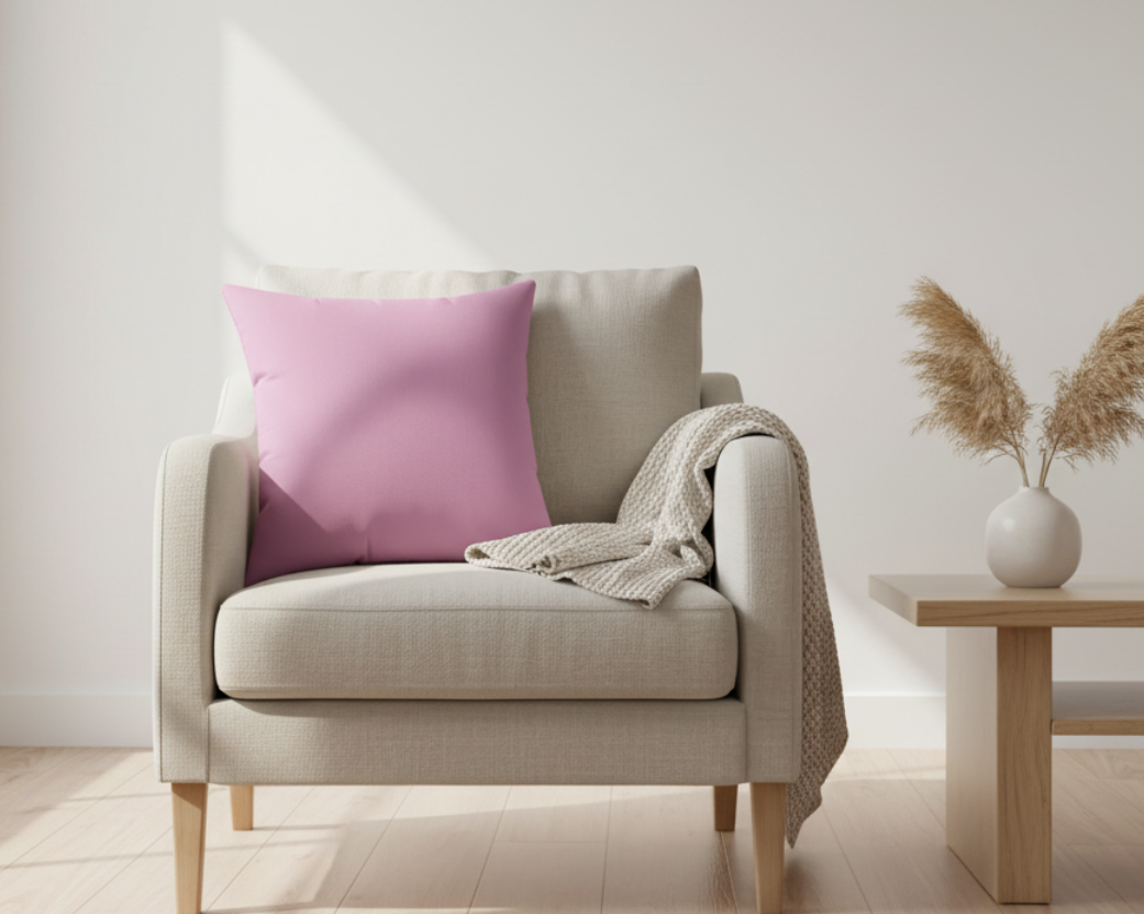 Nordic lifestyle image of a Pastel Dust Violet faux suede accent pillow in a minimalist living room. 