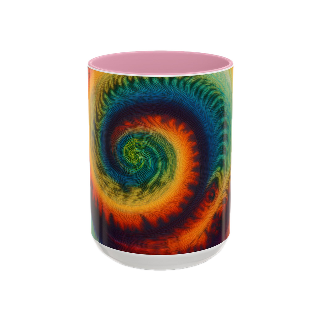 Colorful spiral-patterned mug with pink ceramic handle and insides


