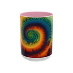 Colorful spiral-patterned mug with pink ceramic handle and insides

