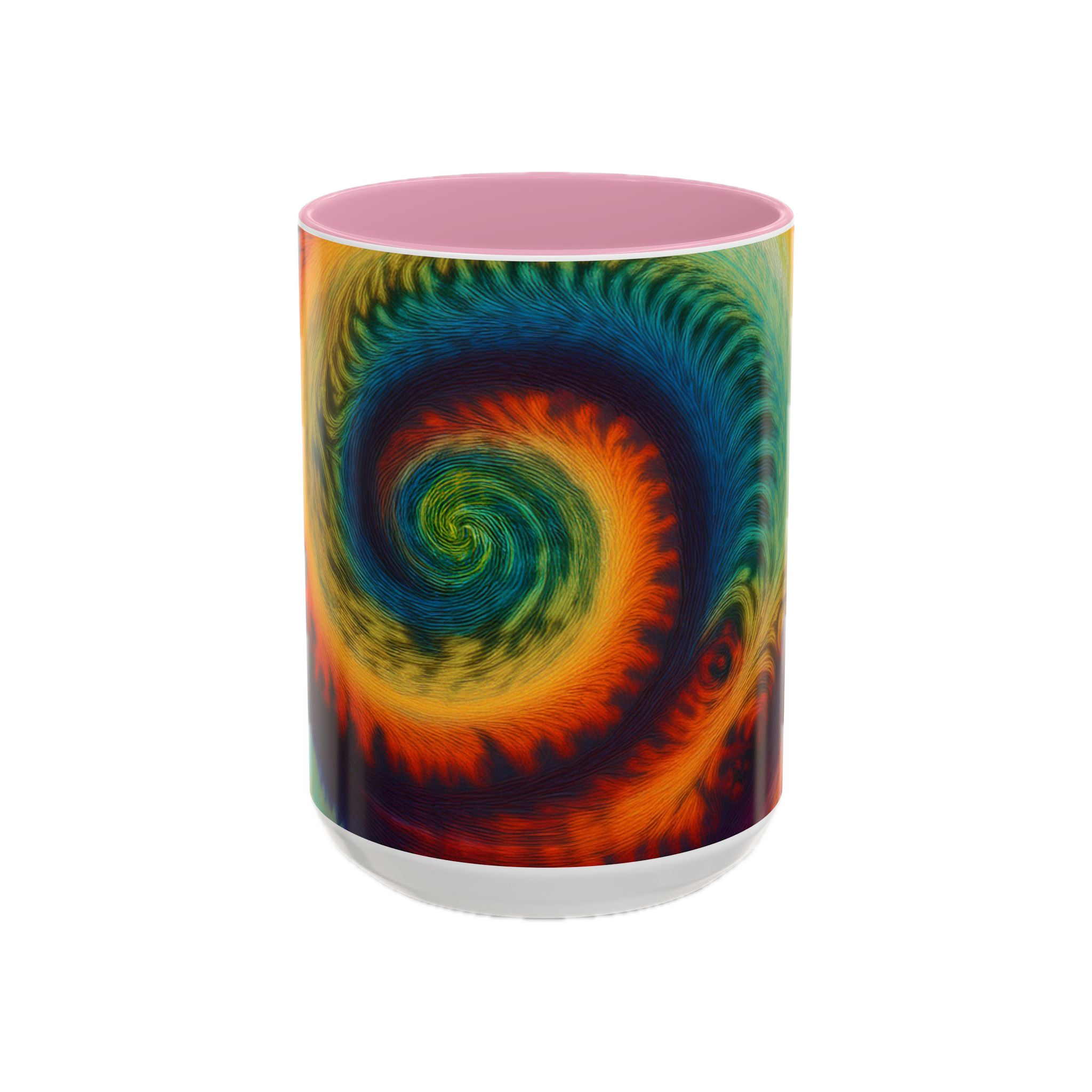 Colorful spiral-patterned mug with pink ceramic handle and insides

