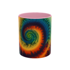 Colorful spiral-patterned mug with pink ceramic handle and insides

