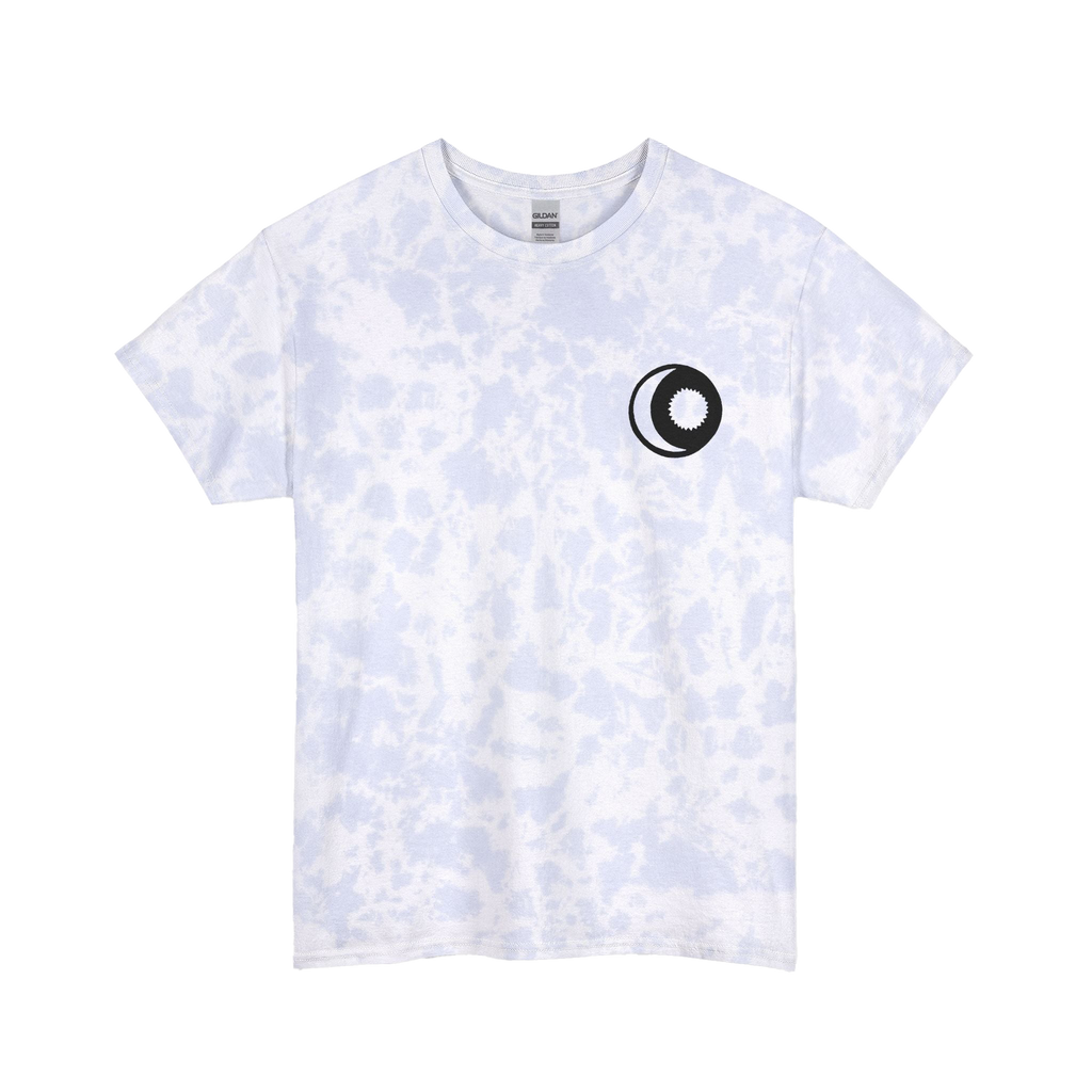 Powder Clouds spiral tie-dye t-shirt with pink and blue spiral design with a sun and moon graphic


