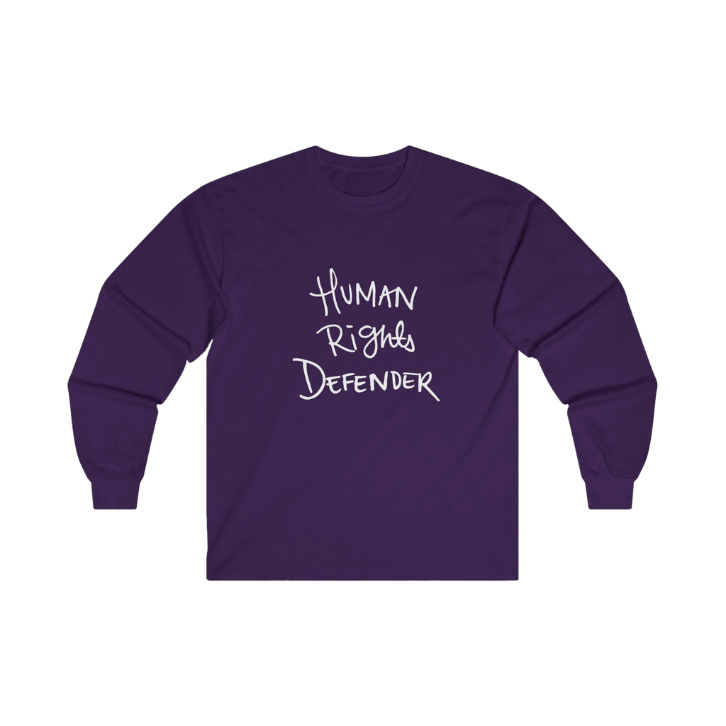 Purple long-sleeve shirt with 'Human Rights Defender' in white text 


