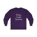 Purple long-sleeve shirt with 'Human Rights Defender' in white text 

