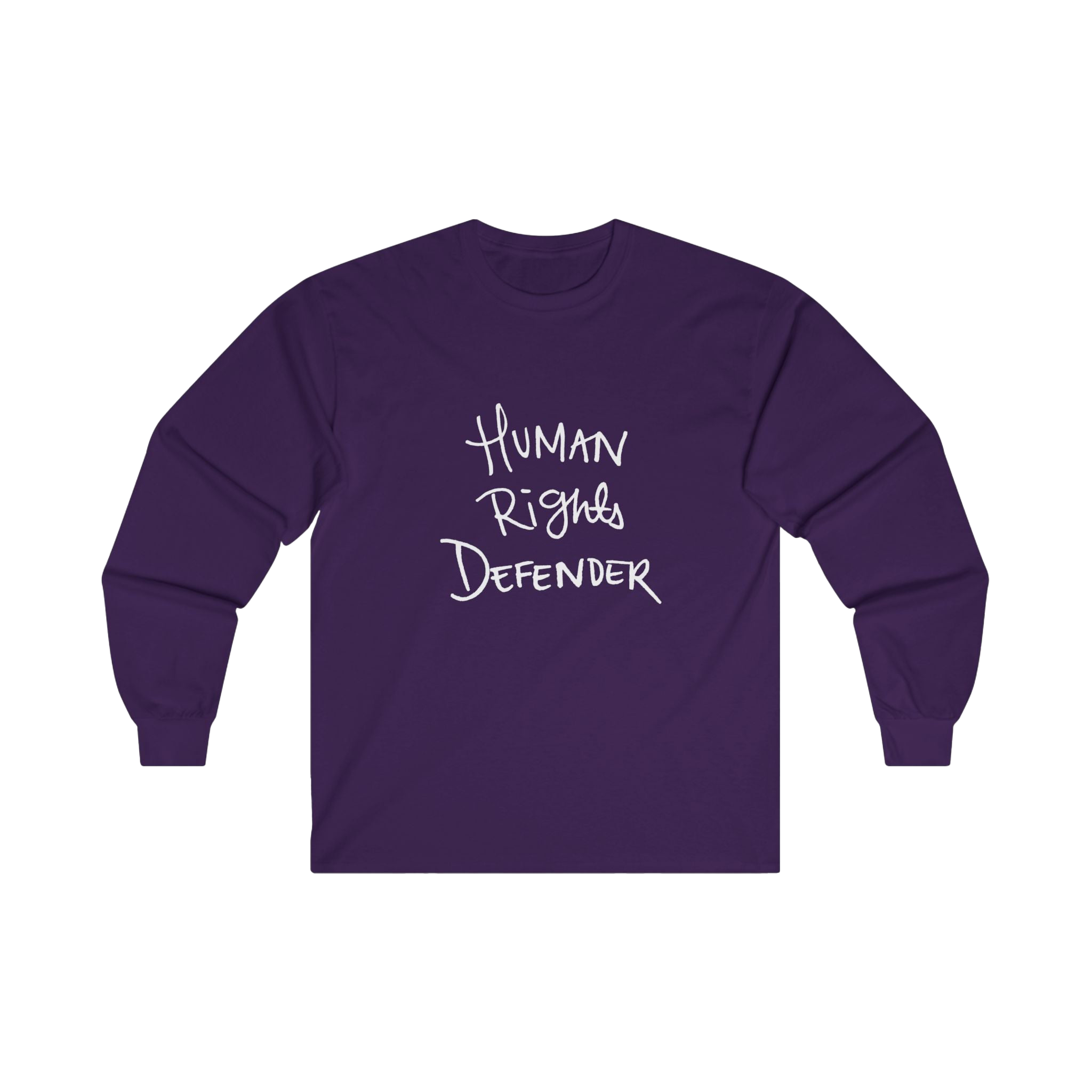 Purple long-sleeve shirt with 'Human Rights Defender' in white text 

