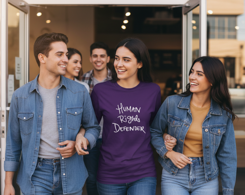 Group of people walking together with one person wearing a Freebrd 'Human Rights Defender' shirt.