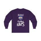 Purple long-sleeve shirt with 'Trans Rights Are Human Rights' in white text and rainbow design 

