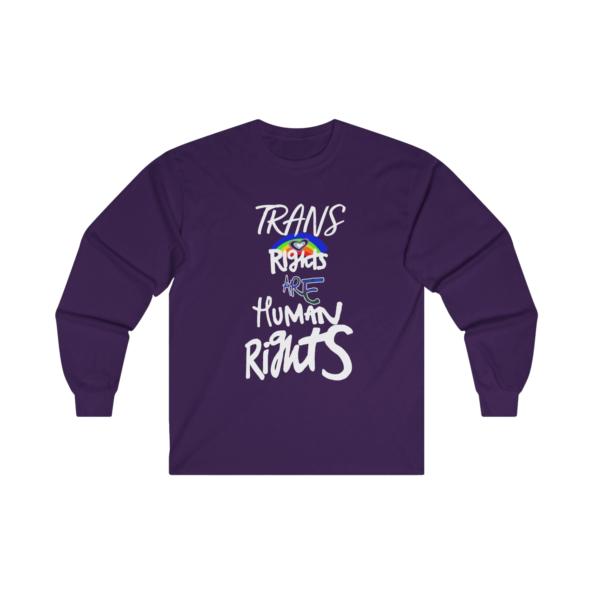 Purple long-sleeve shirt with 'Trans Rights Are Human Rights' in white text and rainbow design 

