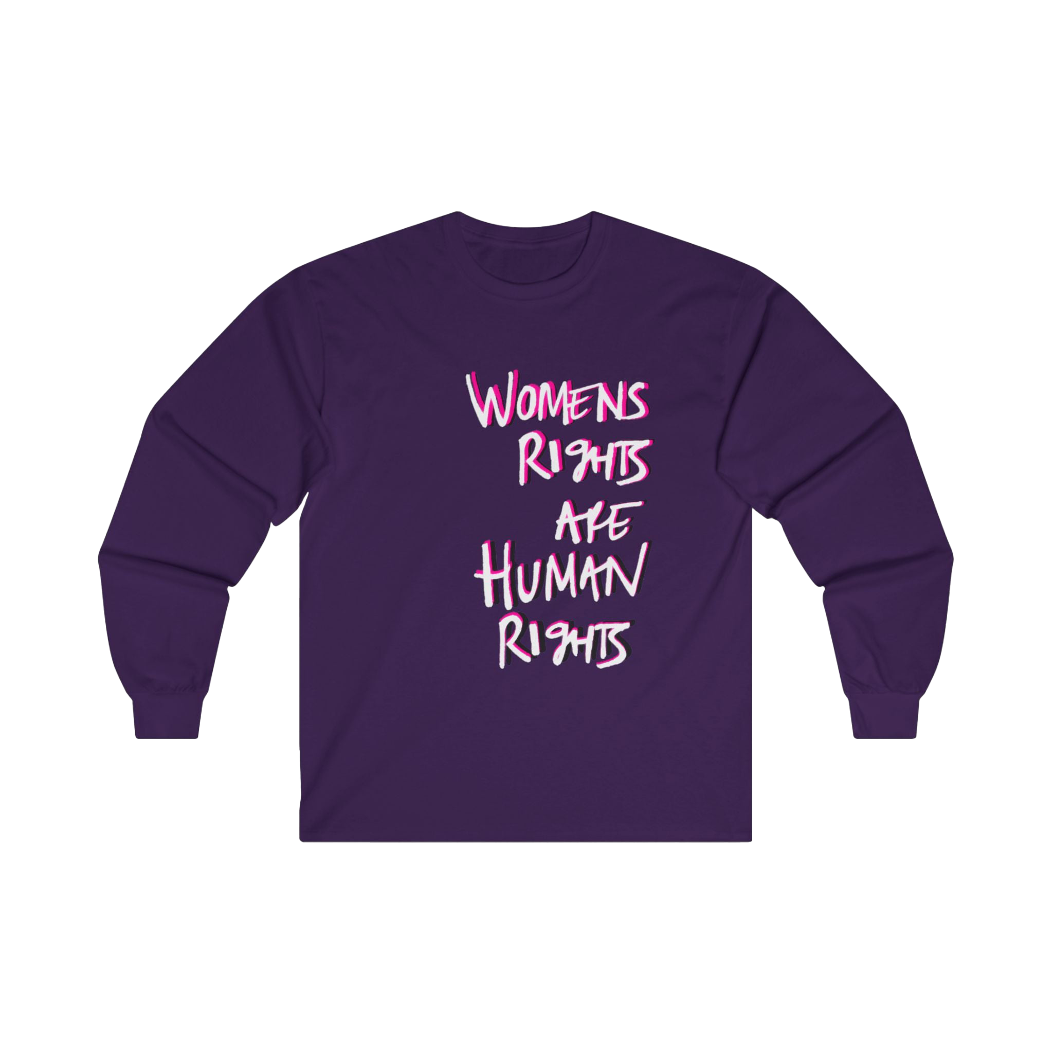 Purple long-sleeve shirt with 'Women's Rights Are Human Rights' in white and pink text  
