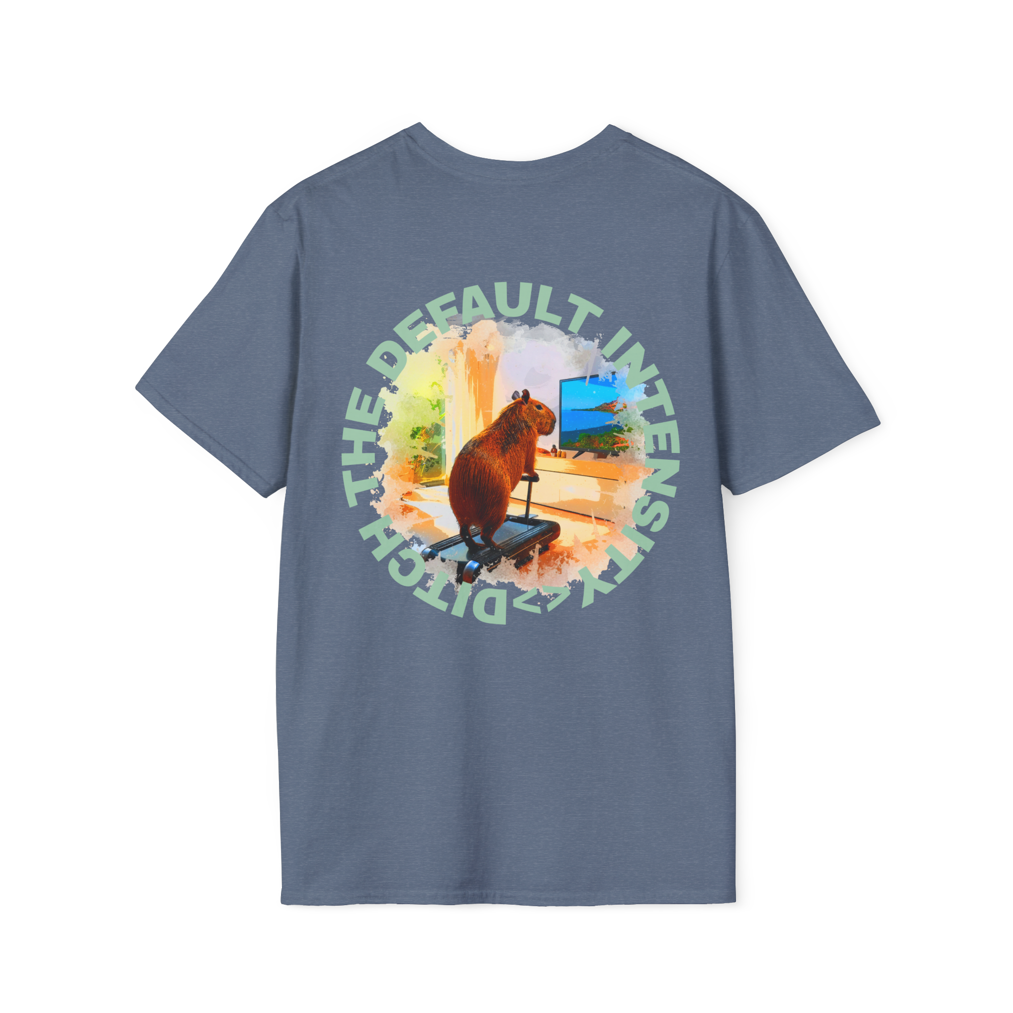 Heather Indigo Blue t-shirt with a graphic design on the back featuring Cozy Capybara Cardio and 'ditch the default intensity' text