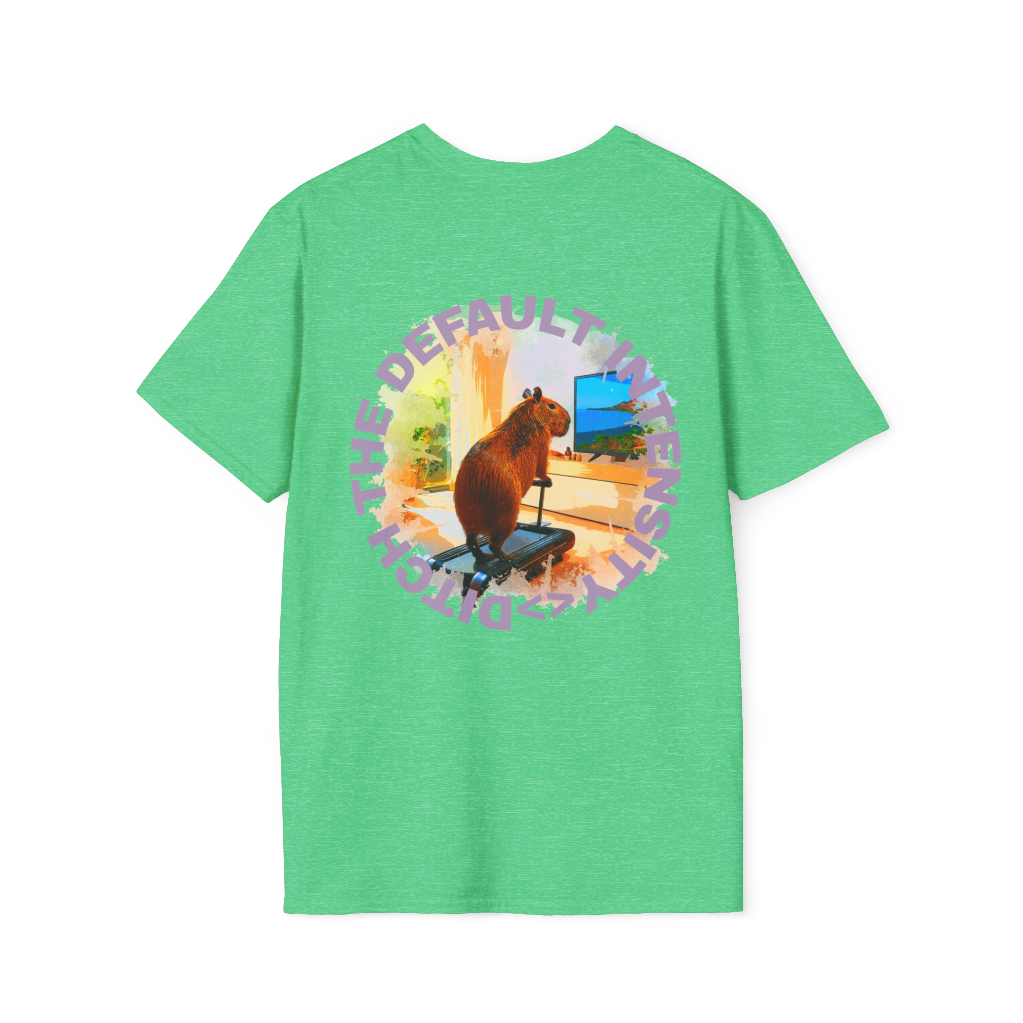 Irish Green t-shirt with a graphic design on the back featuring Cozy Capybara Cardio and 'ditch the default intensity' text
