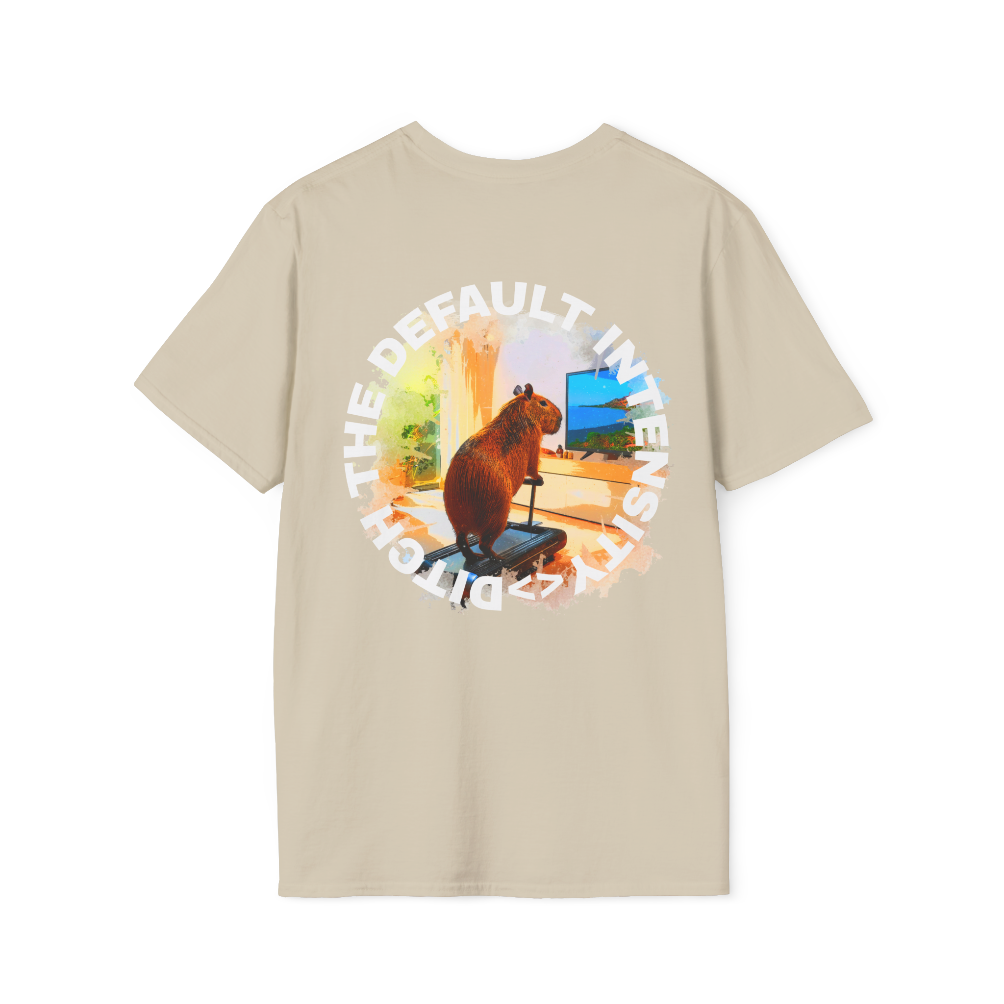 Beige Sand t-shirt with a graphic design on the back featuring Cozy Capybara Cardio and 'ditch the default intensity' text