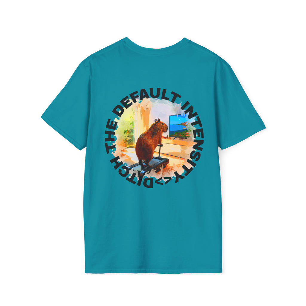 Tropical Blue t-shirt with a graphic design on the back featuring Cozy Capybara Cardio and 'ditch the default intensity' text
